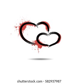 Abstract hearts hand-drawn with blots paint. Isolated on a white background. Vector illustration