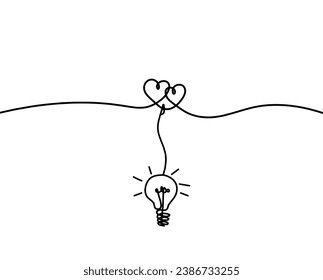Abstract hearts with light bulb as continuous line drawing on white background. Vector