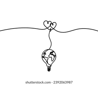 Abstract hearts with light bulb as continuous line drawing on white background. Vector