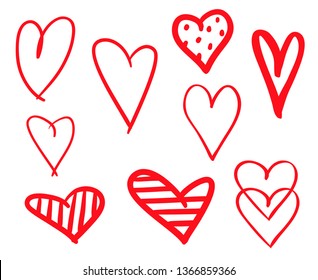 Abstract hearts on isolated white background. Hand drawn set of love signs. Line art creation. Colored illustration. Sketchy elements