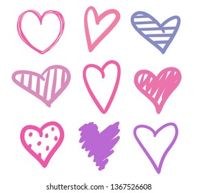 Abstract hearts on isolated white background. Hand drawn set of love signs. Line art creation. Colored illustration