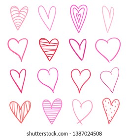 Abstract hearts on isolated white background. Hand drawn set. Line art creation. Colored illustration. Sketchy elements