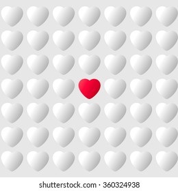 Abstract hearts on the light background, the one red among white hearts