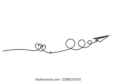 Abstract hearts with paper plane as continuous line drawing on white background. Vector