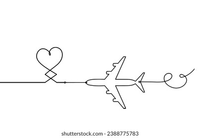 Abstract hearts with plane as continuous line drawing on white background. Vector