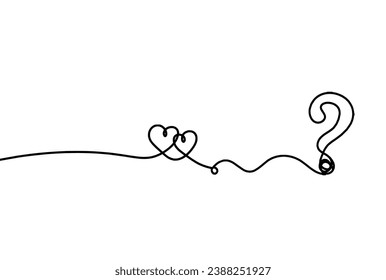 Resumen de corazones con signo de interrogación como dibujo continuo de línea sobre fondo blanco. Vector