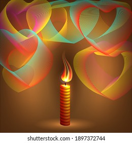 Abstract hearts in the rays of a candle flame. Vector illustration on a dark background realistic candle lights up hearts. postcard for the holiday.