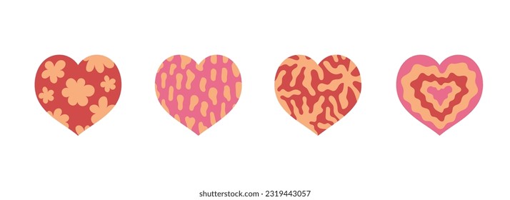 Abstract hearts set. Vector set of hand drawn groovy hearts illustrations in retro style. Vintage aesthetics romantic collection with liquid geometric shapes