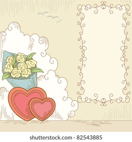 Abstract hearts shape with bouquet flowers and banner. Vector illustration.