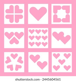 Abstract hearts in square shape. Pink heart icon set. Valentine's Day Mother's Day card template. Trendy geometric shapes with squares and hearts in retro style. Flat design. Red background. Vector
