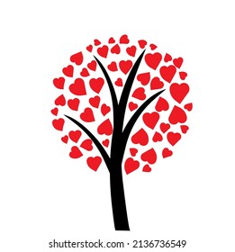 Árbol de corazones abstractos con hojas redondas rojas.