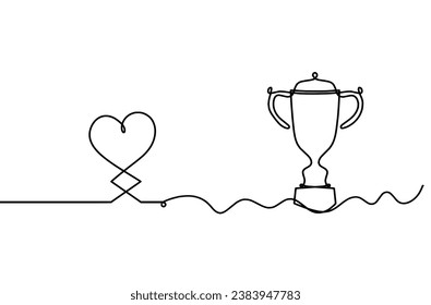 Abstract hearts with trophy as continuous line drawing on white background. Vector