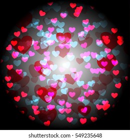 Abstract hearts valentines card on black background