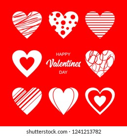 Abstract hearts. Vector illustration for a romantic design for nostalgia weddings. Can be used for cards, invitations, envelopes. White hearts on red. The inscription Happy Valentine's Day