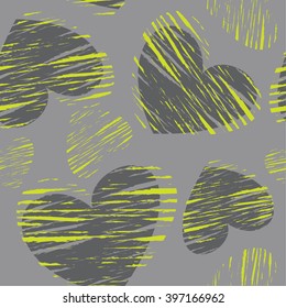 Abstract hearts wallpaper in grey and green colors. Seamless pattern for girls with shape lines. Grunge background texture. Fashion design for textile.