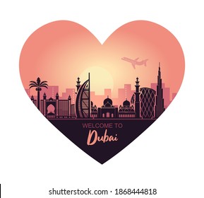 Abstract heart-shaped Dubai city landscape with sunset background