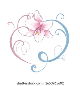 Abstract heart-shaped floral frame with lily flowers. Congratulations on March 8 for women. Happy Valentine's Day.