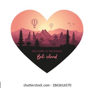 Abstract heart-shaped landscape of the Indonesian island of Bali with the main attractions