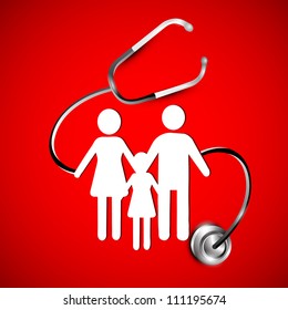 Abstract heath care background with white silhouette of a family under stethoscope. EPS 10. ,