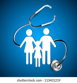 Abstract heath care background with white silhouette of a family under stethoscope. EPS 10.