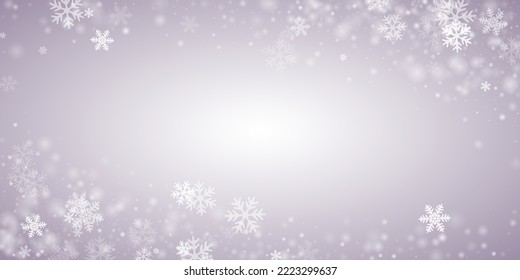 Abstract heavy snow flakes background. Wintertime fleck crystallic shapes. Snowfall weather white gray pattern. Blurred snowflakes december texture. Snow nature landscape.