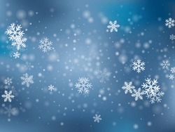 Abstract Heavy Snow Flakes Design. Snowstorm Fleck Frozen Elements. Snowfall Sky White Teal Blue Pattern. Vivid Snowflakes February Vector. Snow Hurricane Landscape.