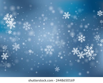 Abstract heavy snow flakes design. Snowstorm fleck frozen elements. Snowfall sky white teal blue pattern. Vivid snowflakes february vector. Snow hurricane landscape.