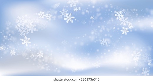 Abstract heavy snowflakes design. Wintertime fleck crystallic shapes. Snowfall sky white blue composition. Vibrant snowflakes february texture. Snow nature landscape.