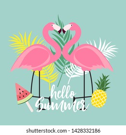 Abstract hello Summer Background with Palm Leaves and Flamingo. Vector Illustration EPS10
