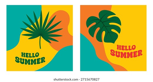 Abstractas fondo de verano de hola con hojas tropicales. Plantillas minimalistas modernas para cartel, tarjeta, fiesta, celebración, Anuncio, cubierta.