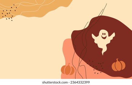 Abstract Helloween background. Trendy minimal background with autumnal leaves, pumpkin, ghost and geometric shapes.