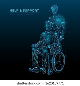 Abstract help and support low poly wireframe technology banner vector. Disabled people care social media post polygonal digital. Invalid in wheelchair, caretaker 3d mesh. Polygons and connected dots