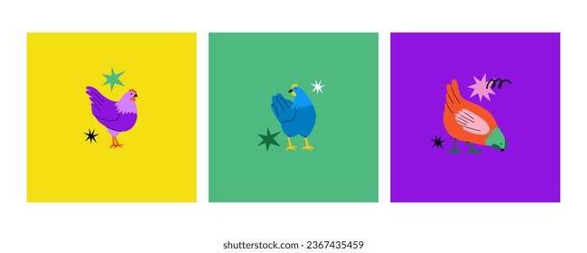 Abstract hen. Modern colorful farm animal. Vibrant colors. Cute hand drawn funny contemporary drawing livestock, trendy posters card or print. Cartoon flat isolated vector bird illustration
