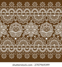Abstractas Ilustración vectorial estilo tatuaje Henna. Patrón de encaje de flores y paisley sin costuras. Fondo decorativo marrón y blanco.