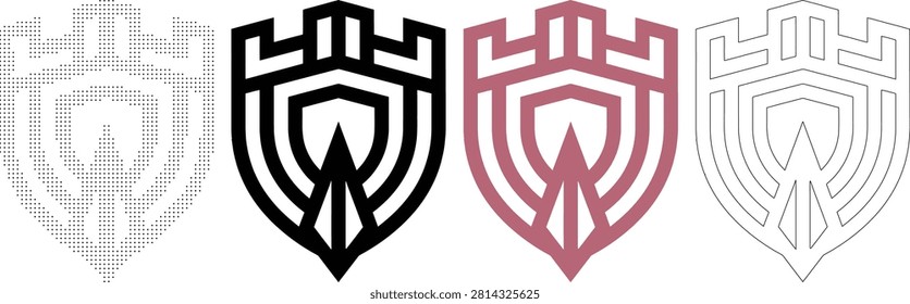 Abstract heraldic shield crest emblem with a geometric castle tower top and a pointed arrow like design element in various styles including pixelated outline, halftone, and solid fill