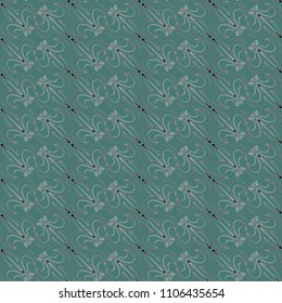 Abstract heraldry blue graphic pattern. Geometric ornament with flowers . Line art, with lace botanica, embroidery background. Bandanna, shawl, scarf, shirt,tablecloth design for textile fabric print
