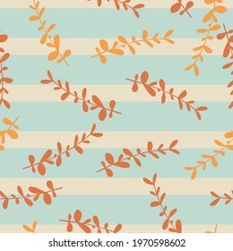 Abstract herbal seamless pattern with random orange eucalyptus shapes. Blue striped background. Graphic design for wrapping paper and fabric textures. Vector Illustration.
