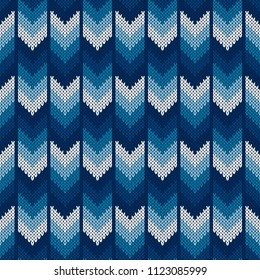 Abstract Herringbone Knitted Sweater Pattern. Vector Seamless Background with Shades of Blue Colors. Wool Knit Texture Imitation