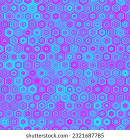 Abstract hex tiles geometric seamless pattern. Toxic purple and sky blue halftone colored tiles background. Modern ultra violet stylish ornament texture