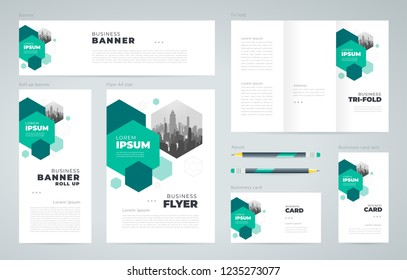 Abstract hexago theme Set flyer cover, tri-fold, banner, roll up banner, business card green color