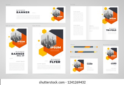 Abstract hexago theme Set flyer cover, tri-fold, banner, roll up banner, business card orange color