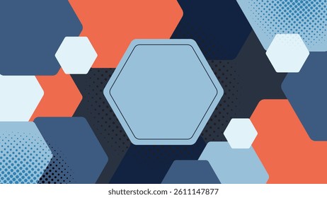 Abstract hexagon background with layered blue and orange shapes ideal for design projects and digital art
