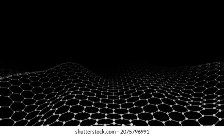 Abstract hexagon black wave with moving dots and lines. Flow of particles. Cyber technology illustration. Vector illustration.