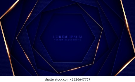 Resumen de forma azul hexagonal con líneas doradas y efecto brillante decoración sobre fondo azul oscuro. Diseño vectorial de lujo