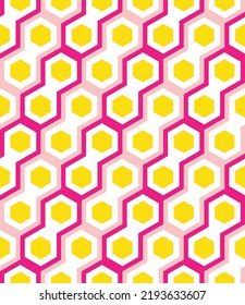 Resumen Células hexagonales Patrón de vectores multicolor transparente Colores de moda diagonales Estilo de cadena de bicicleta Diseño geométrico Perfecto para la impresión por extensión Tonos amarillos rosas fucsia