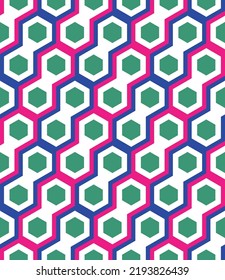 Resumen Células hexagonales Patrón de vectores multicolor sin marea Colores de moda Diagonal Estilo de cadena de bicicleta Diseño geométrico Perfecto para la impresión de Allover Tono verde Fuchsia real