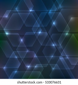 Abstract hexagon dark background with lights.
