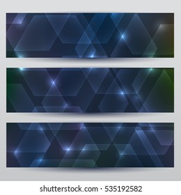 Abstract hexagon dark blue banner set background with glow