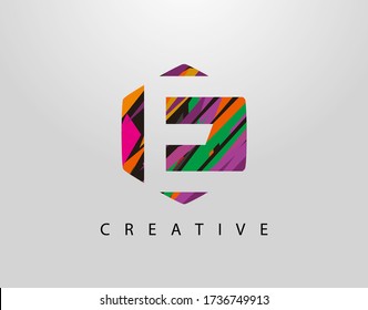 Abstract Hexagon E Letter Logo. Initial E With Creative Colorful Strips 