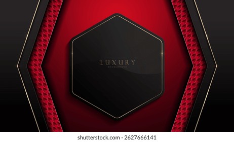Cadre Abstrait hexagonal, noir et or avec motif graphique sur fond rouge. Convient pour le fond d'écran et le site web d'affaires. Image vectorielle de haute qualité. Taille 1920 x 1080. Non généré par IA.